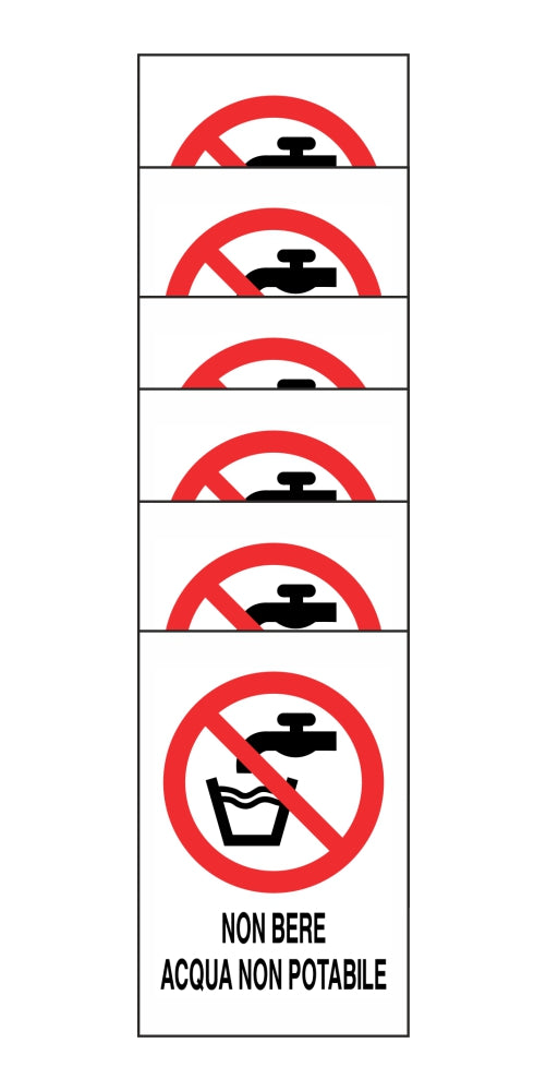 KIT DI 6 ADESIVI RETTANGOLARI - NON BERE ACQUA NON POTABILE - Pittogramma ISO 7010 Con Stampa Diretta U.V. (IDEALE ANCHE PER ESTERNO)