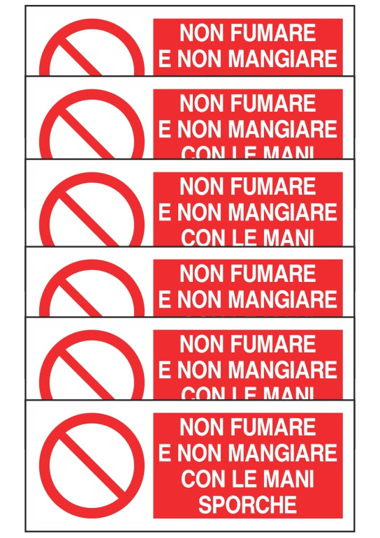 KIT DI 6 ADESIVI RETTANGOLARI - NON FUMARE E NON MANGIARE CON LE MANI SPORCHE - Pittogramma ISO 7010 Con Stampa Diretta U.V. (IDEALE ANCHE PER ESTERNO)