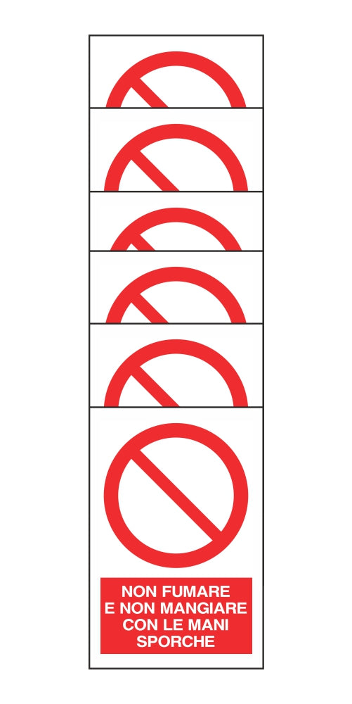KIT DI 6 ADESIVI RETTANGOLARI - NON FUMARE E NON MANGIARE CON LE MANI SPORCHE - Pittogramma ISO 7010 Con Stampa Diretta U.V. (IDEALE ANCHE PER ESTERNO)