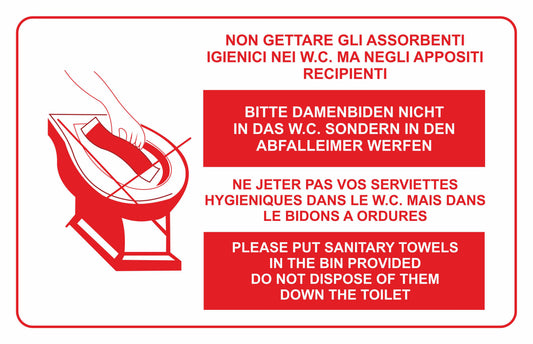 GLOBAL CARTELLO SEGNALETICO - NON GETTARE GLI ASSORBENTI IGIENICI NEI WC - Adesivo Extra Resistente, Pannello in Forex, Pannello In Alluminio