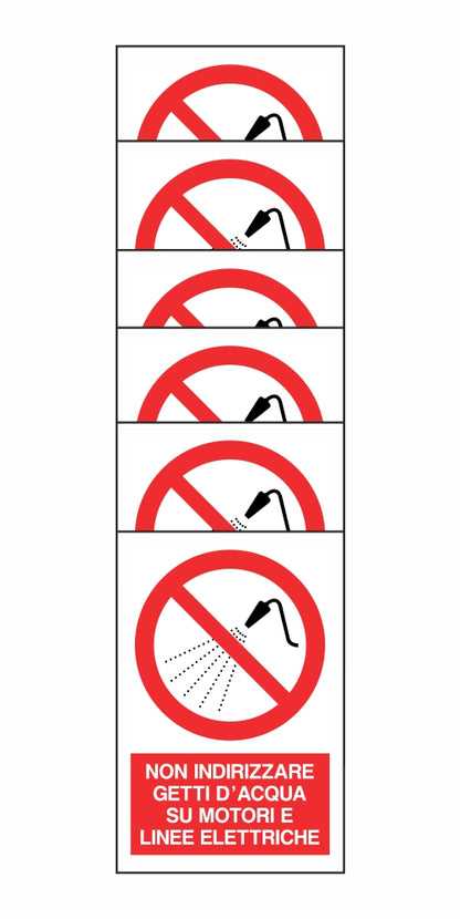 KIT DI 6 ADESIVI RETTANGOLARI - NON INDIRIZZARE GETTI D'ACQUA SU MOTORI E LINEE ELETTRICHE - Pittogramma ISO 7010 Con Stampa Diretta U.V. (IDEALE ANCHE PER ESTERNO)