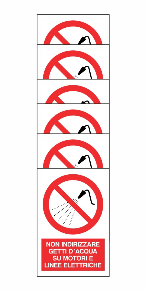 KIT DI 6 ADESIVI RETTANGOLARI - NON INDIRIZZARE GETTI D'ACQUA SU MOTORI E LINEE ELETTRICHE - Pittogramma ISO 7010 Con Stampa Diretta U.V. (IDEALE ANCHE PER ESTERNO)