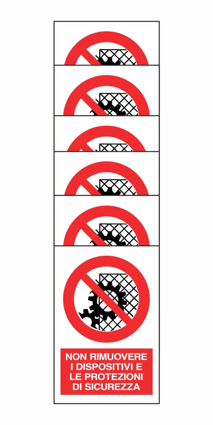 KIT DI 6 ADESIVI RETTANGOLARI - NON RIMUOVERE I DISPOSITIVI E LE PROTEZIONI DI SICUREZZA - Pittogramma ISO 7010 Con Stampa Diretta U.V. (IDEALE ANCHE PER ESTERNO)