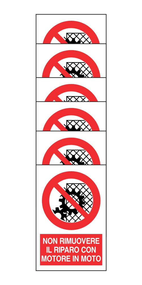 KIT DI 6 ADESIVI RETTANGOLARI - NON RIMUOVERE IL RIPARO CON MOTORE IN MOTO - Pittogramma ISO 7010 Con Stampa Diretta U.V. (IDEALE ANCHE PER ESTERNO)