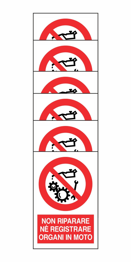 KIT DI 6 ADESIVI RETTANGOLARI - NON RIPARARE NE REGISTRARE ORGANI IN MOTO - Pittogramma ISO 7010 Con Stampa Diretta U.V. (IDEALE ANCHE PER ESTERNO)