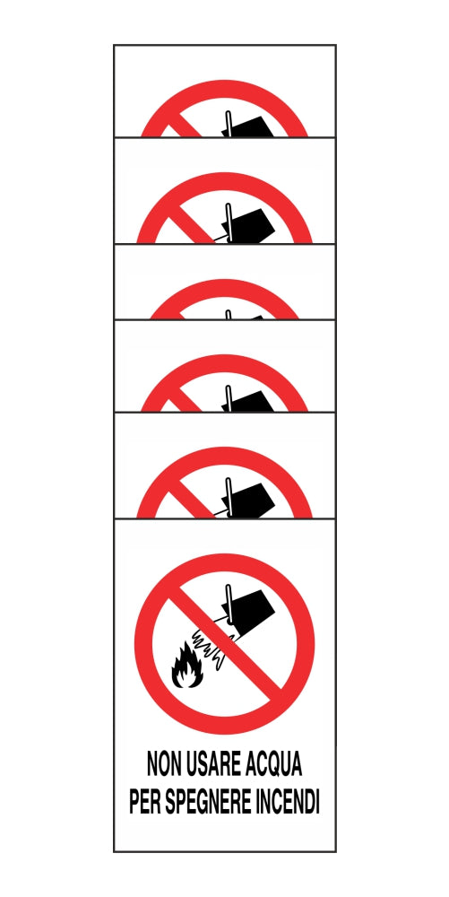 KIT DI 6 ADESIVI RETTANGOLARI - NON USARE ACQUA PER SPEGNERE INCENDI - Pittogramma ISO 7010 Con Stampa Diretta U.V. (IDEALE ANCHE PER ESTERNO)