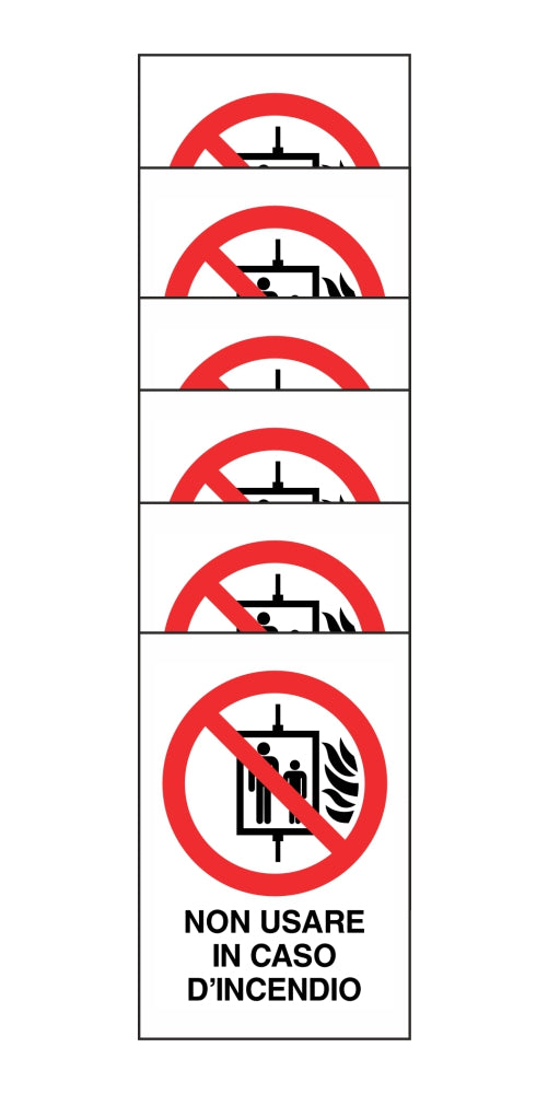 KIT DI 6 ADESIVI RETTANGOLARI - NON USARE IN CASO DI INCENDIO - Pittogramma ISO 7010 Con Stampa Diretta U.V. (IDEALE ANCHE PER ESTERNO)