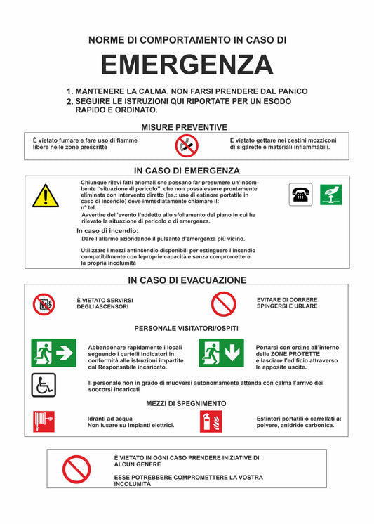 Copia del GLOBAL CARTELLO SEGNALETICO - norme di comportamento in caso di emergenza modello 2- Adesivo Extra Resistente, Pannello in Forex, Pannello In Alluminio