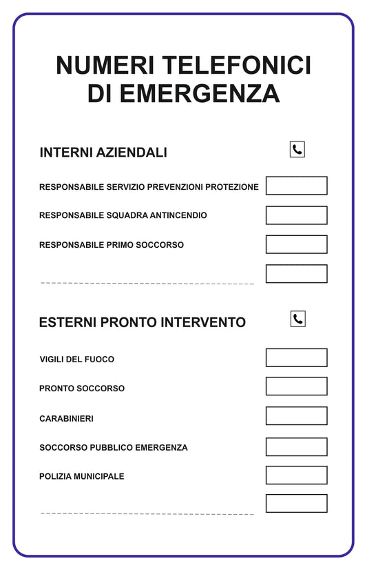 GLOBAL CARTELLO SEGNALETICO - NUMERI TELEFONICI DI EMERGENZA - Adesivo Extra Resistente, Pannello in Forex, Pannello In Alluminio