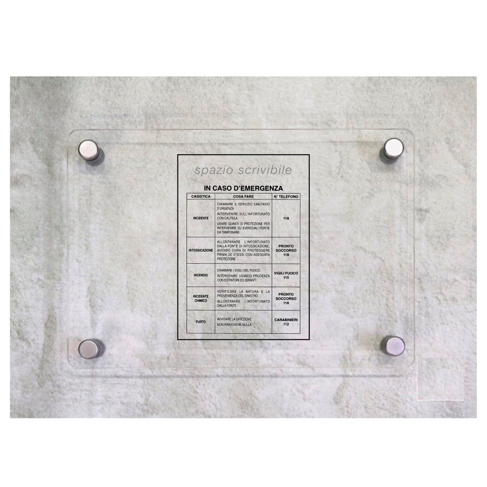 Global Targa Cartello in plexiglass - NUMERI UTILI IN CASO DI EMERGENZA - INDICAZIONI- Con Distanziali in acciaio inox, Stampa UV.