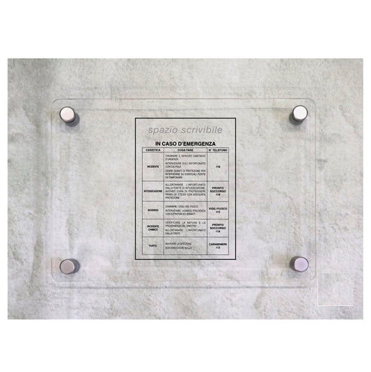 Global Targa Cartello in plexiglass - NUMERI UTILI IN CASO DI EMERGENZA - INDICAZIONI- Con Distanziali in acciaio inox, Stampa UV.