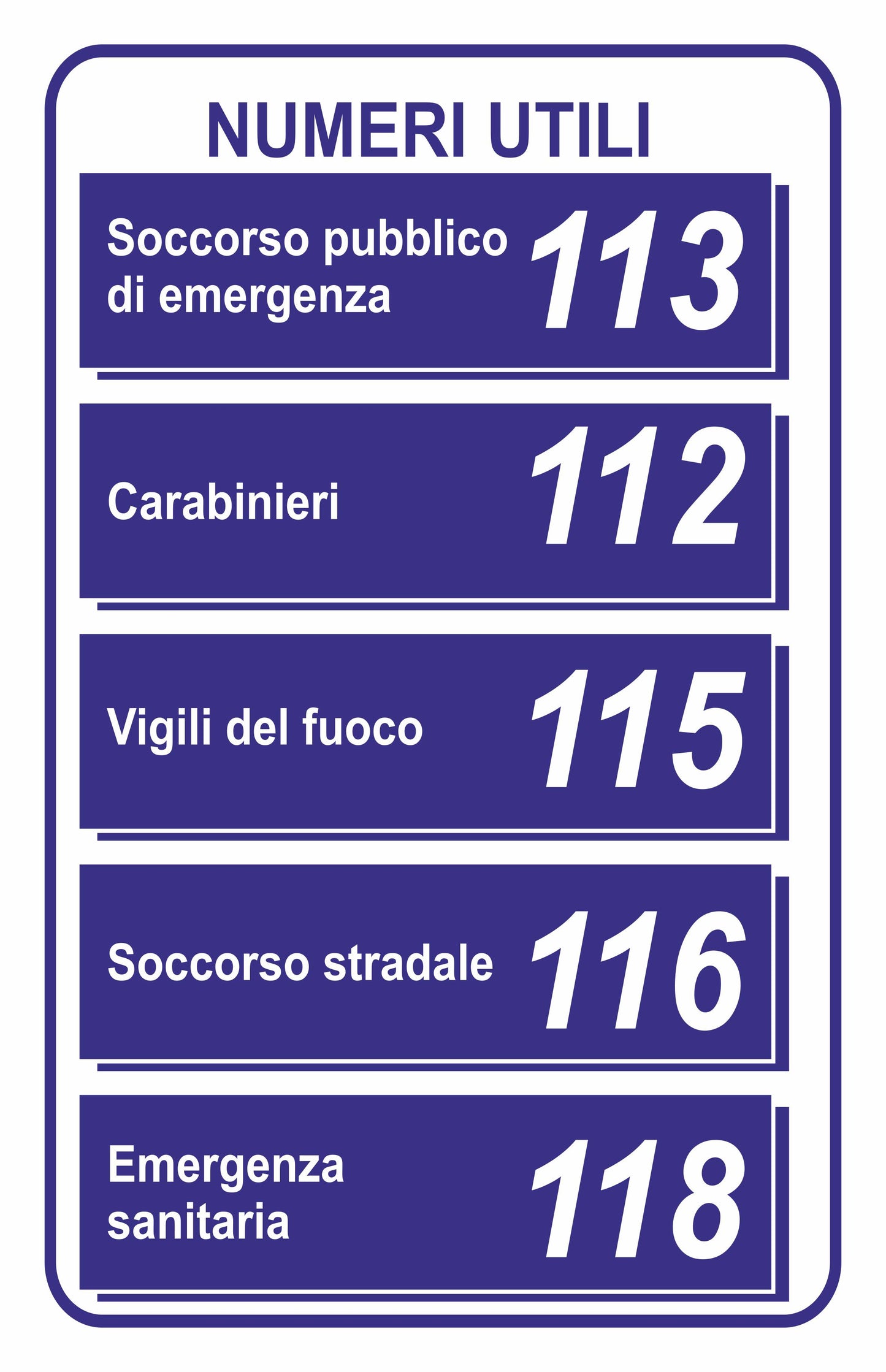 GLOBAL CARTELLO SEGNALETICO - NUMERI UTILI MOD 2 - Adesivo Extra Resistente, Pannello in Forex, Pannello In Alluminio