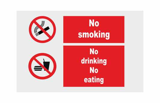 GLOBAL CARTELLO SEGNALETICO - No Smoking No Drinking No Eating Multi-Message  - Adesivo Extra Resistente, Pannello in Forex, Pannello In Alluminio