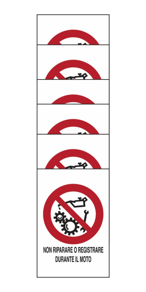 KIT DI 6 ADESIVI RETTANGOLARI - Non riparare o registrare durante il moto - Pittogramma ISO 7010 Con Stampa Diretta U.V. (IDEALE ANCHE PER ESTERNO)
