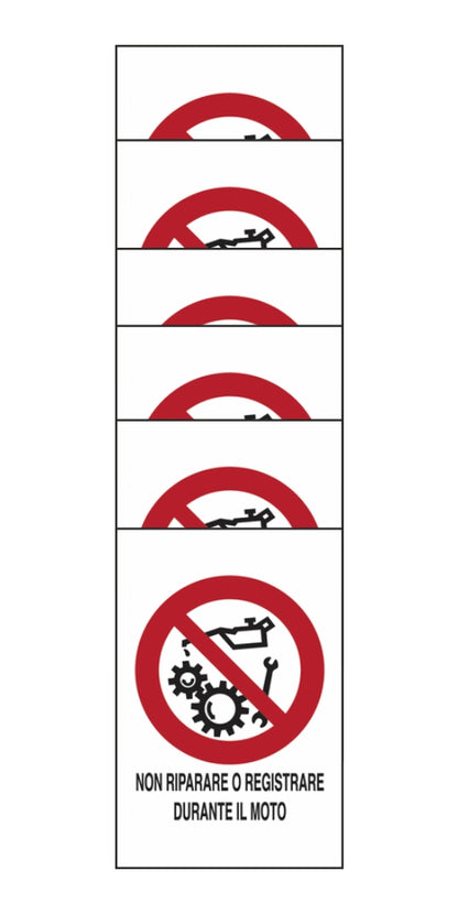 KIT DI 6 ADESIVI RETTANGOLARI - Non riparare o registrare durante il moto - Pittogramma ISO 7010 Con Stampa Diretta U.V. (IDEALE ANCHE PER ESTERNO)
