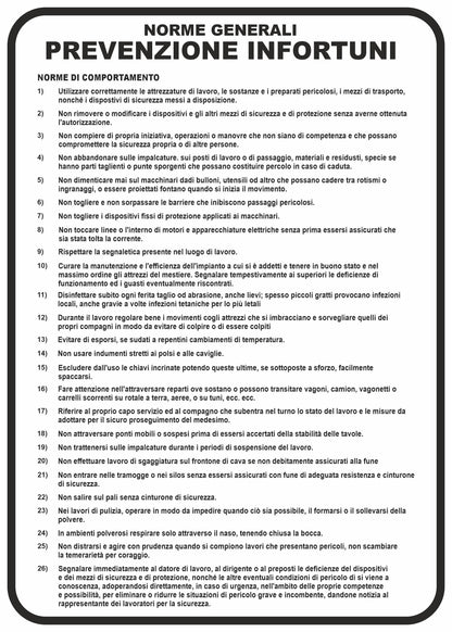 GLOBAL CARTELLO SEGNALETICO - Norme generali prevenzione infortuni  - Adesivo Extra Resistente, Pannello in Forex, Pannello In Alluminio
