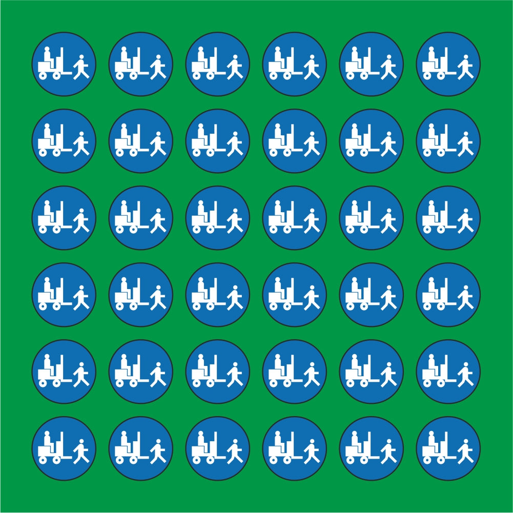 PACCO DA 6 KIT DI 6 ADESIVI ROTONDI - OBBLIGO CARRELLI A PASSO D'UOMO  - Pittogramma ISO 7010 Con Stampa Diretta U.V.