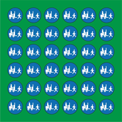 PACCO DA 6 KIT DI 6 ADESIVI ROTONDI - OBBLIGO CARRELLI A PASSO D'UOMO  - Pittogramma ISO 7010 Con Stampa Diretta U.V.