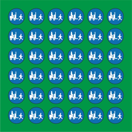 PACCO DA 6 KIT DI 6 ADESIVI ROTONDI - OBBLIGO CARRELLI A PASSO D'UOMO  - Pittogramma ISO 7010 Con Stampa Diretta U.V.