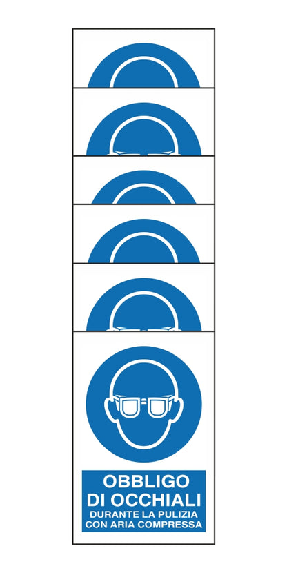 KIT DI 6 ADESIVI RETTANGOLARI - OBBLIGO DI OCCHIALI DURANTE LA PULIZIA CON ARIA COMPRESSA - Pittogramma ISO 7010 Con Stampa Diretta U.V. (IDEALE ANCHE PER ESTERNO)