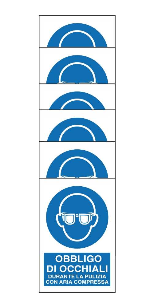 KIT DI 6 ADESIVI RETTANGOLARI - OBBLIGO DI OCCHIALI DURANTE LA PULIZIA CON ARIA COMPRESSA - Pittogramma ISO 7010 Con Stampa Diretta U.V. (IDEALE ANCHE PER ESTERNO)