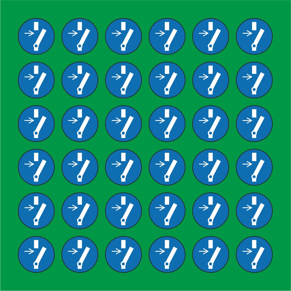 PACCO DA 6 KIT DI 6 ADESIVI ROTONDI - OBBLIGO DISCONNETTERE MACCHINARIO PRIMA DI EFFETTUARE MANUTENZIONI O RIPARAZIONI - Pittogramma ISO 7010 Con Stampa Diretta U.V.