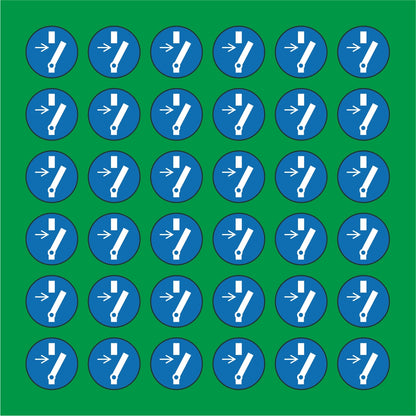 PACCO DA 6 KIT DI 6 ADESIVI ROTONDI - OBBLIGO DISCONNETTERE MACCHINARIO PRIMA DI EFFETTUARE MANUTENZIONI O RIPARAZIONI - Pittogramma ISO 7010 Con Stampa Diretta U.V.