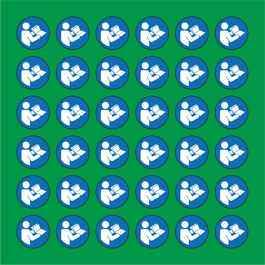 PACCO DA 6 KIT DI 6 ADESIVI ROTONDI - OBBLIGO LEGGERE LE ISTRUZIONI  - Pittogramma ISO 7010 Con Stampa Diretta U.V.