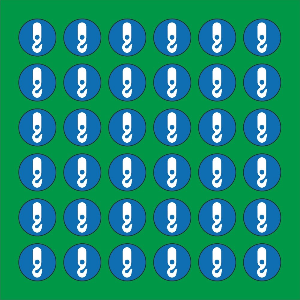 PACCO DA 6 KIT DI 6 ADESIVI ROTONDI - OBBLIGO PUNTO DI AGGANCIO - Pittogramma ISO 7010 Con Stampa Diretta U.V.