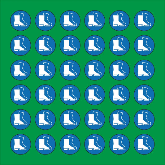 PACCO DA 6 KIT DI 6 ADESIVI ROTONDI - OBBLIGO USO CALZATURE DI SICUREZZA - Pittogramma ISO 7010 Con Stampa Diretta U.V.