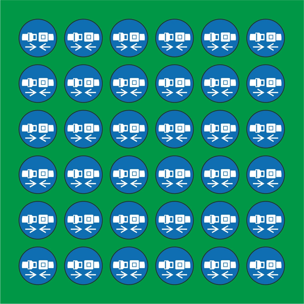 PACCO DA 6 KIT DI 6 ADESIVI ROTONDI - OBBLIGO USO CINTURA DI SICUREZZA - Pittogramma ISO 7010 Con Stampa Diretta U.V.