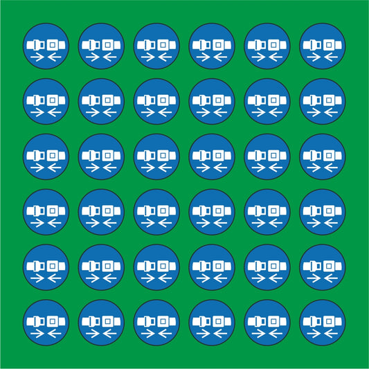 PACCO DA 6 KIT DI 6 ADESIVI ROTONDI - OBBLIGO USO CINTURA DI SICUREZZA - Pittogramma ISO 7010 Con Stampa Diretta U.V.