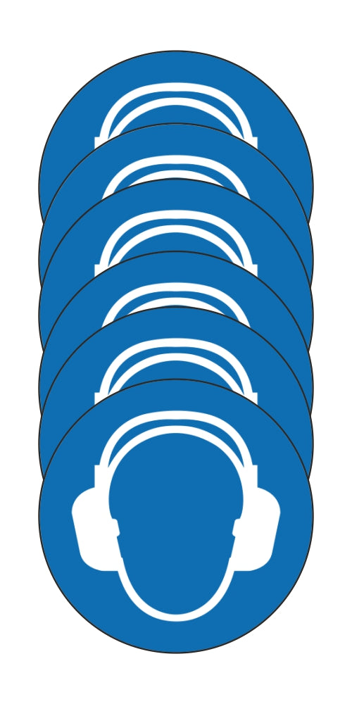 GLOBAL KIT DI 6 ADESIVI ROTONDI -OBBLIGO USO CUFFIA ANTIRUMORE - Pittogramma ISO 7010 Con Stampa Diretta U.V. (IDEALE ANCHE PER ESTERNO)