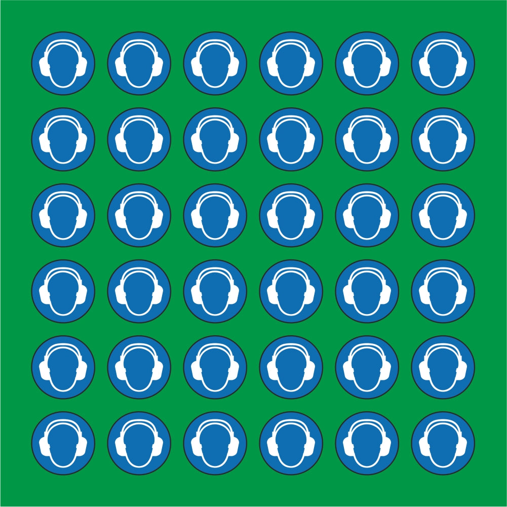 PACCO DA 6 KIT DI 6 ADESIVI ROTONDI - OBBLIGO USO CUFFIA ANTIRUMORE - Pittogramma ISO 7010 Con Stampa Diretta U.V.