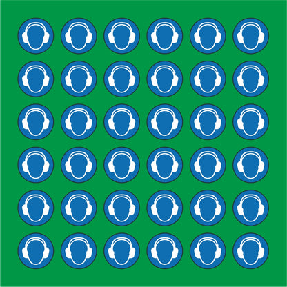PACCO DA 6 KIT DI 6 ADESIVI ROTONDI - OBBLIGO USO CUFFIA ANTIRUMORE - Pittogramma ISO 7010 Con Stampa Diretta U.V.