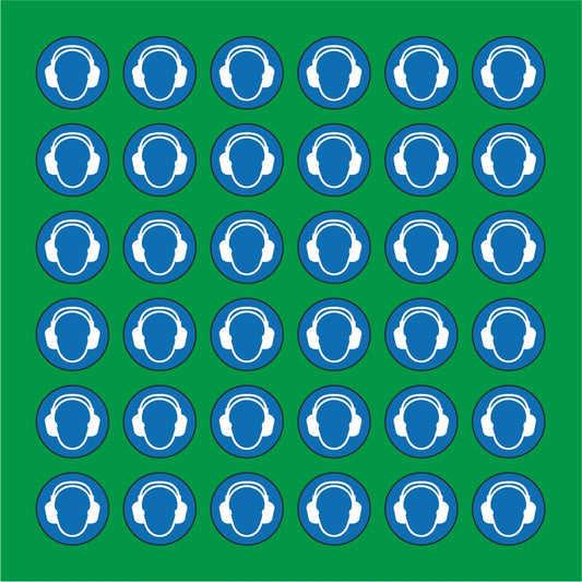 PACCO DA 6 KIT DI 6 ADESIVI ROTONDI - OBBLIGO USO CUFFIA ANTIRUMORE - Pittogramma ISO 7010 Con Stampa Diretta U.V.