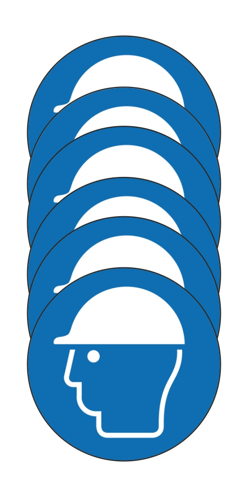GLOBAL KIT DI 6 ADESIVI ROTONDI - OBBLIGO USO ELMETTO - Pittogramma ISO 7010 Con Stampa Diretta U.V. (IDEALE ANCHE PER ESTERNO)