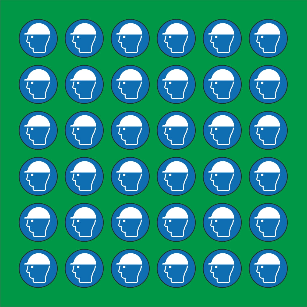 PACCO DA 6 KIT DI 6 ADESIVI ROTONDI - OBBLIGO USO ELMETTO - Pittogramma ISO 7010 Con Stampa Diretta U.V.