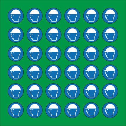 PACCO DA 6 KIT DI 6 ADESIVI ROTONDI - OBBLIGO USO ELMETTO - Pittogramma ISO 7010 Con Stampa Diretta U.V.