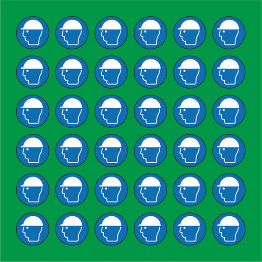 PACCO DA 6 KIT DI 6 ADESIVI ROTONDI - OBBLIGO USO ELMETTO - Pittogramma ISO 7010 Con Stampa Diretta U.V.