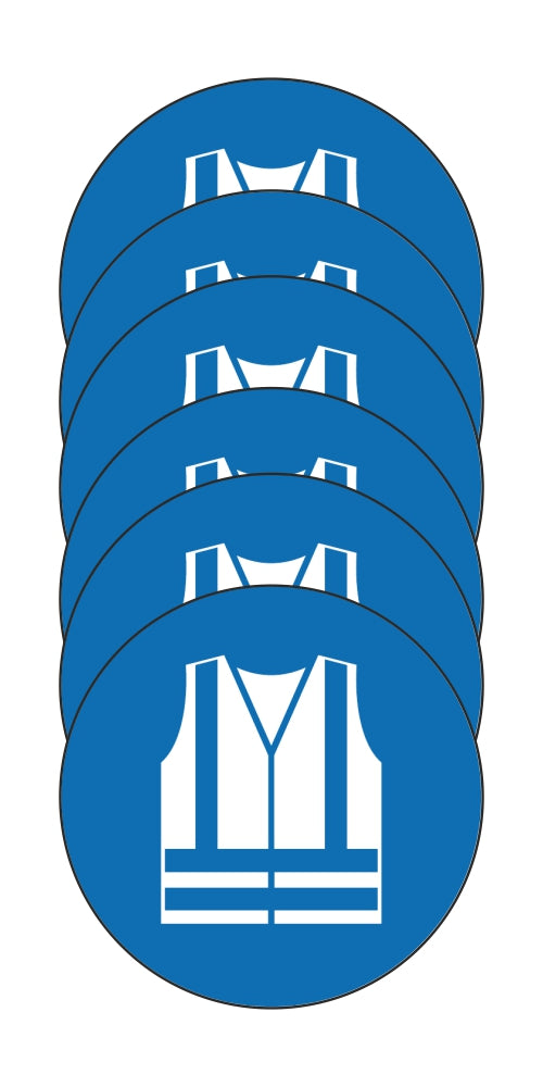 GLOBAL KIT DI 6 ADESIVI ROTONDI - OBBLIGO USO INDUMENTI AD ALTA VISIBILITA' - Pittogramma ISO 7010 Con Stampa Diretta U.V. (IDEALE ANCHE PER ESTERNO)