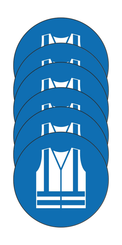 GLOBAL KIT DI 6 ADESIVI ROTONDI - OBBLIGO USO INDUMENTI AD ALTA VISIBILITA' - Pittogramma ISO 7010 Con Stampa Diretta U.V. (IDEALE ANCHE PER ESTERNO)