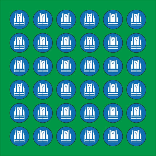 PACCO DA 6 KIT DI 6 ADESIVI ROTONDI - OBBLIGO USO INDUMENTI AD ALTA VISIBILITA' - Pittogramma ISO 7010 Con Stampa Diretta U.V.