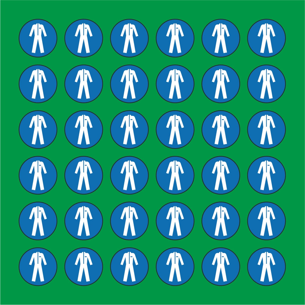 PACCO DA 6 KIT DI 6 ADESIVI ROTONDI - OBBLIGO USO INDUMENTI PROTETTIVI - Pittogramma ISO 7010 Con Stampa Diretta U.V.