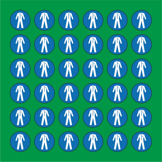 PACCO DA 6 KIT DI 6 ADESIVI ROTONDI - OBBLIGO USO INDUMENTI PROTETTIVI - Pittogramma ISO 7010 Con Stampa Diretta U.V.