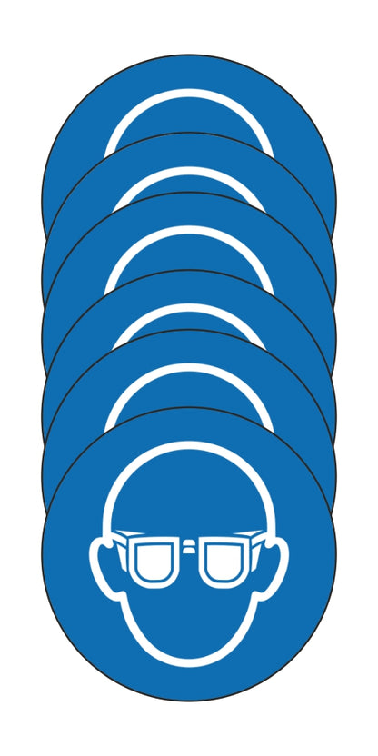 GLOBAL KIT DI 6 ADESIVI ROTONDI - OBBLIGO USO OCCHIALI - Pittogramma ISO 7010 Con Stampa Diretta U.V. (IDEALE ANCHE PER ESTERNO)