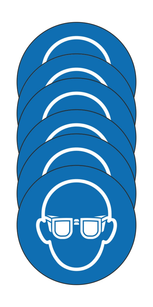 GLOBAL KIT DI 6 ADESIVI ROTONDI - OBBLIGO USO OCCHIALI - Pittogramma ISO 7010 Con Stampa Diretta U.V. (IDEALE ANCHE PER ESTERNO)