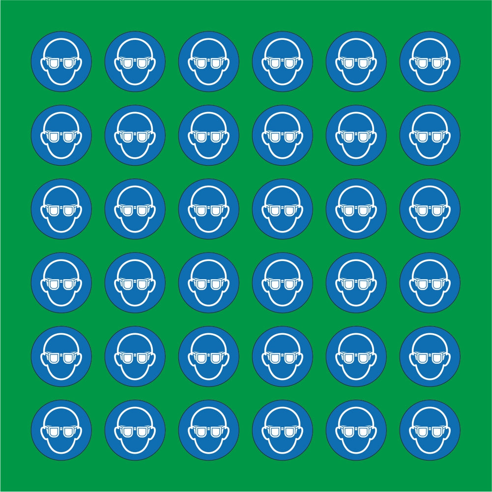 PACCO DA 6 KIT DI 6 ADESIVI ROTONDI - OBBLIGO USO OCCHIALI - Pittogramma ISO 7010 Con Stampa Diretta U.V.