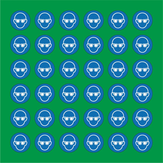 PACCO DA 6 KIT DI 6 ADESIVI ROTONDI - OBBLIGO USO OCCHIALI - Pittogramma ISO 7010 Con Stampa Diretta U.V.