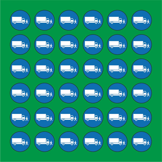 PACCO DA 6 KIT DI 6 ADESIVI ROTONDI - OBBLIGO VEICOLI A PASSO D'UOMO - Pittogramma ISO 7010 Con Stampa Diretta U.V.